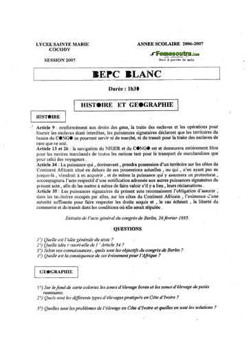 Sujet d'Histoire Geo BEPC blanc 2007 Lycée Sainte Marie de Cocody