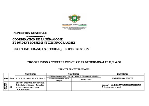 PROGRESSION FRANÇAIS  TECHNIQUES D’EXPRESSION Tle E,F,G2