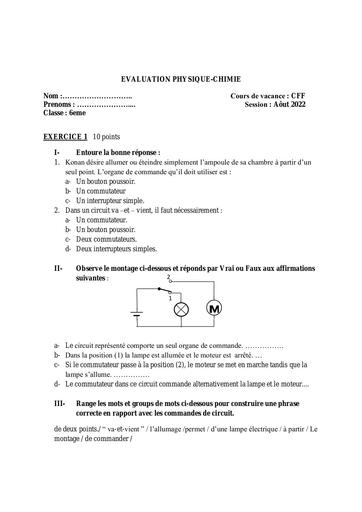 Evaluation 1 PC  COURS DE VACANCE 6eme