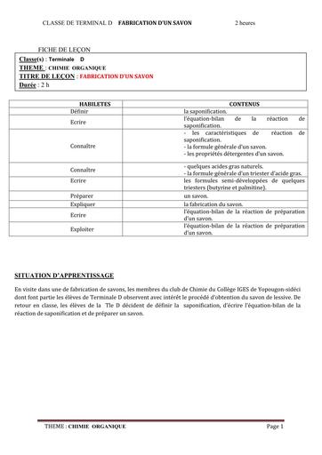 FICHE DE COURS CHIMIE Tle D L5  FABRICATION DE SAVON