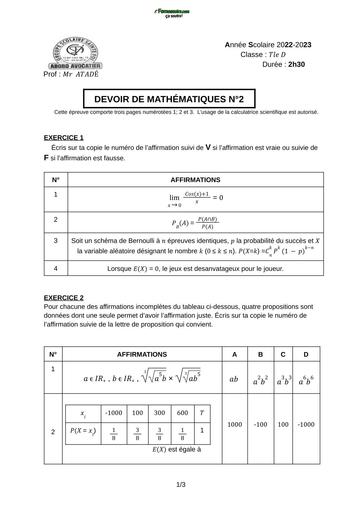 DEVOIR DE NIVEAU MATHS Tle D TRIMESTRE 1 SAINTE FOI ABOBO BY TEHUA