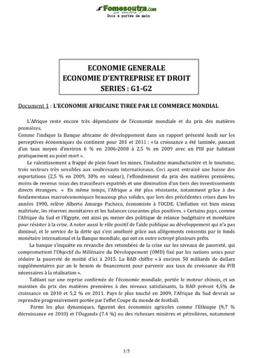 Sujet Economie Générale - Economie Entreprise  et Droit des BAC G1 et G2 2016
