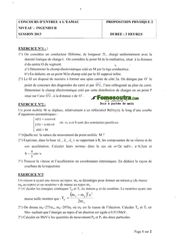 Sujet de Physique Concours EAMAC cycle Ingénieur session 2013