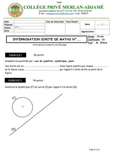 INTERROGATION ECRITE N°3 MATHS NIVEAU 5ième (FIGURES SYMÉTRIQUES PAR RAPPORT À UNE DROITE) BY TEHUA