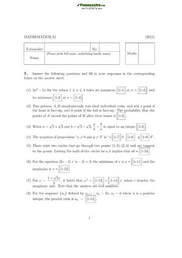 Sujet de Mathématique A pour les Bourses d'étude au Japon niveau undergraduate students - année 2015