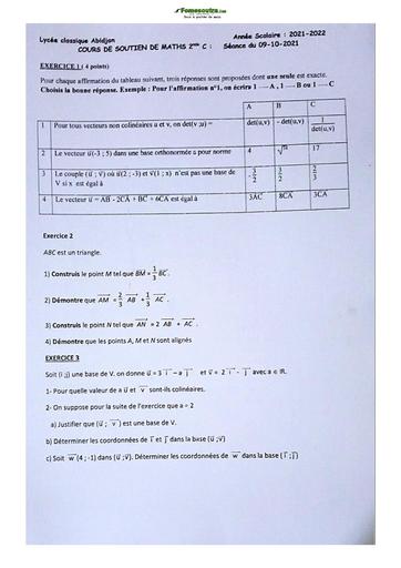 Sujet de Mathématiques Seconde C Lycée Classique Abidjan 2021-2022