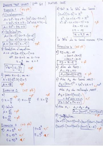 Barème Test lourd maths 2nde G1 provincial 2025 by Tehua