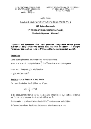 Sujet 1ère épreuve de maths ISE option économie 2008 (ENSEA - ISSEA)