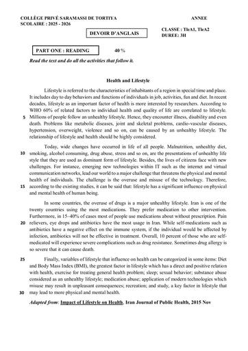 DEVOIR Tle Lifestyle Sujet English By Tehua