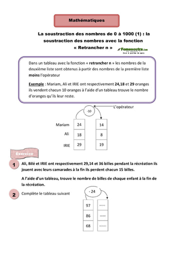 La soustraction des nombres de 0 à 1000 (1) : la   soustraction des nombres avec la fonction  « Retrancher n » - Cours CE1