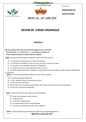 Sujet de Chimie Organique (3) - Tronc Commun - Université Nangui Abrogoua