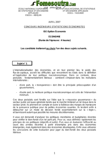 Sujet Economie ISE option économie 2007 (ENSEA - ISSEA)