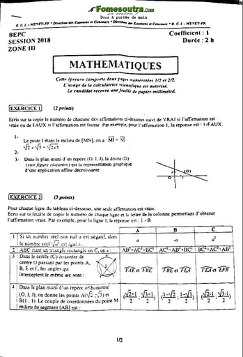 Sujet corrigé et barème de Mathématique BEPC 2018 zone 3