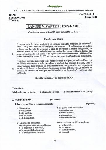 BEPC 2025 ESPAGNOL ZONE 2 SUJET+CORRIGE Côte d'Ivoire BY TEHUA