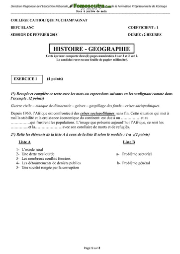 Sujet d'histoire-géographie BEPC blanc 2018 - Collège Catholique Champagnat Korhogo