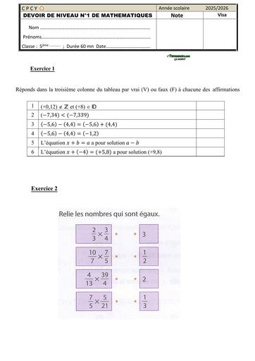 DEVOIR DE MATHS NIVEAU 5ième janvier 2026 by TEHUA