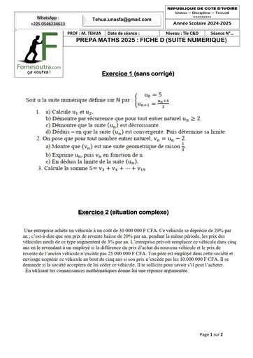 PREPA BAC 2025 MATHS SERIE C&D FICHE D (SUITE NUMERIQUE)  AVRIL 2025 BY TEHUA