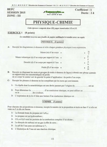 Sujet de Physique Chimie BEPC 2015 zone 3