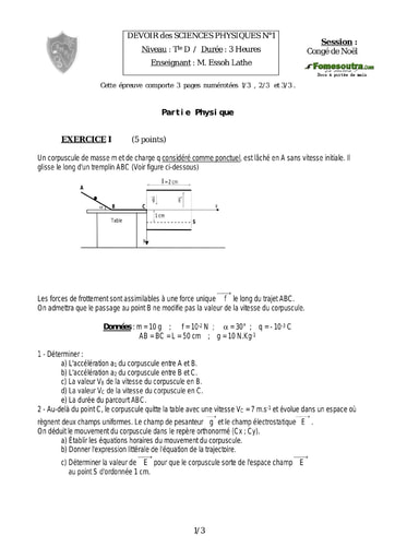 Devoir (1) Physique-Chimie niveau Terminale D - EMPT Bingerville