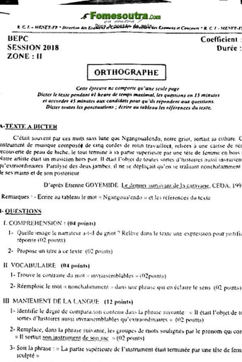 Sujet corrigé et barème de Physique Chimie BEPC 2018 zone 1