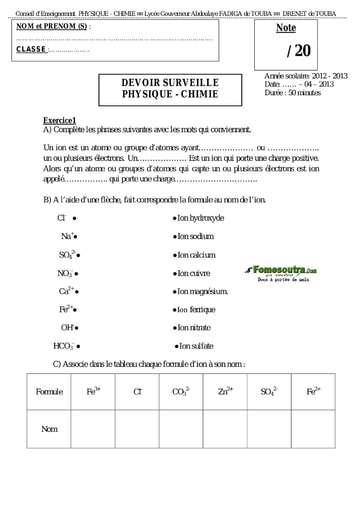 Devoir (2) de Physique-Chimie - 4ème
