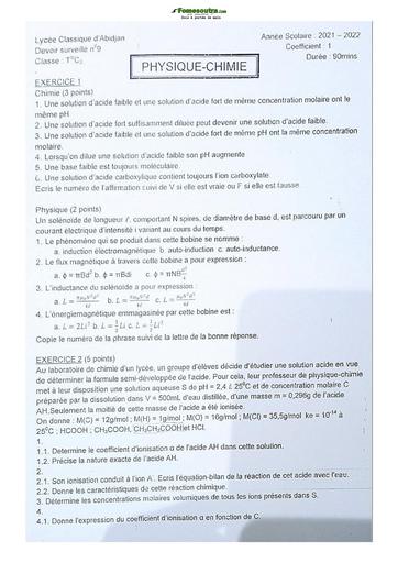 Sujets de Physique-Chimie Terminale C Lycée Classique 2021-2022