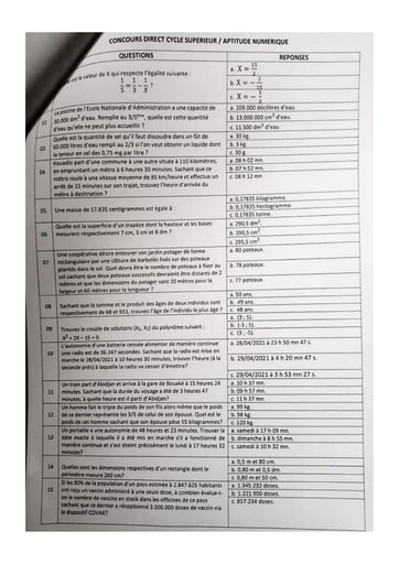 Sujet Cycle supérieur aptitude numérique