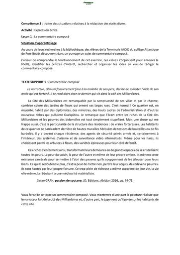 Cours de Français COMMENTAIRE COMPOSE niveau Tle BY TEHUA