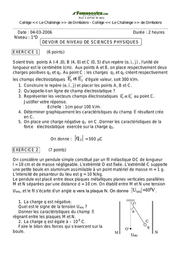 Devoir (7) de Physique-chimie 1ère D Challenge de Dimbokro