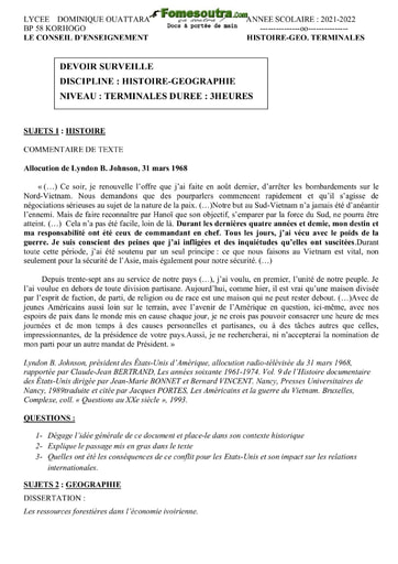 Collection de Devoirs d'Histoire et Géographie niveau Terminale - Année scolaire 2021-2022 - Lycée Dominique Ouattara Korhogo