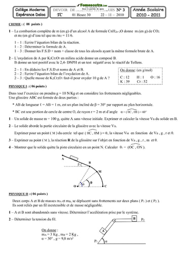 Devoir de Physique-Chimie ( Alcools + Dynamique) Terminale C