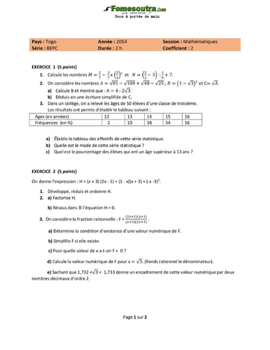 Sujet de Mathématiques BEPC 2014 - Togo