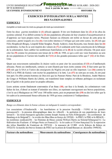 Exercices d'integration d'Histoire portant sur la montée des nationalismes - niveau Terminale - Lycée Dominique Ouattara Korhogo