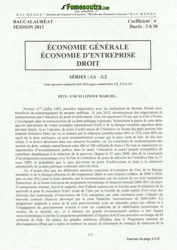 Sujet d'Economie Générale - d'Economie Entreprise - de Droit BAC G1 et G2 2013