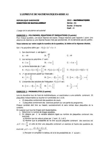 Sujet MATHS BAC A1 2015 GABON DJAHASHIKAN