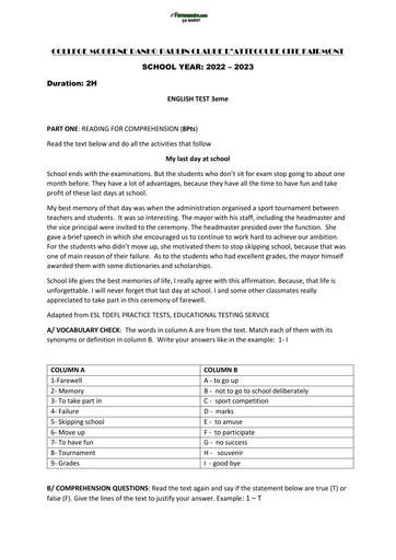 SUJET 3ième DEVOIR ANGLAIS 3eme by TEHUA