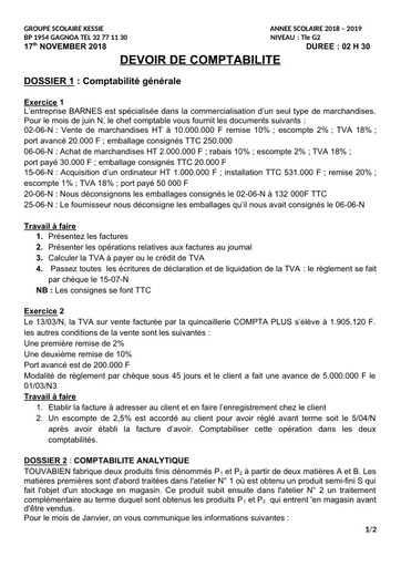 Tle G2 COMPTABILITE DU 17 NOVEMBRE 2018