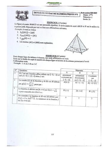 Sujet de Mathématiques Seconde C Lycée Classique Abidjan 2023