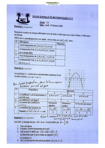 Sujets de mathématiques Première C Lycée Classique Abidjan 2022-2023