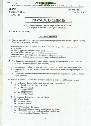 Sujet corrigé et barème de Physique Chimie BEPC 2016 zone 2