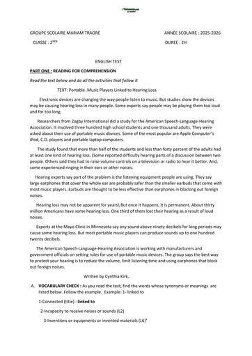 DEVOIR D'ANGLAIS NIVEAU 2nde GS MARIAM TRAORE 2026 BY TEHUA