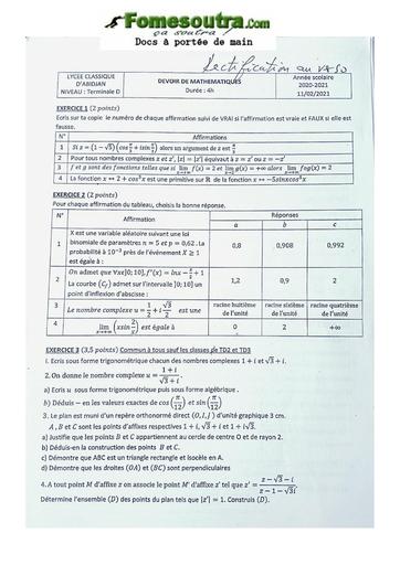 Devoir de MATH Terminale D Lycée Classique d'Abidjan 2020/2021