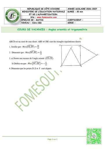 FICHE 11 MATHS 1ière C&D Angles orientés et trigonométrie by TEHUA