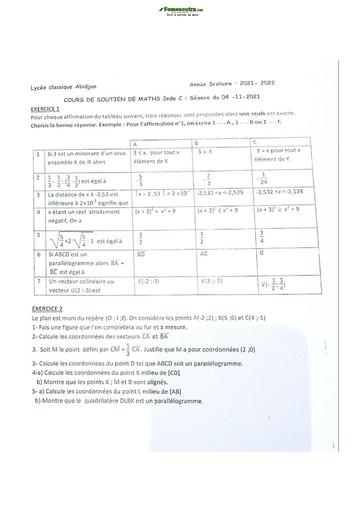 Sujet de Mathématiques Seconde C Lycée Classique Abidjan 2021-2022