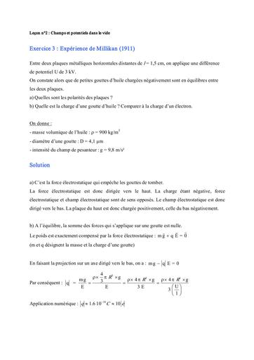 Experience de millikan exercices corrigés ( Champs et potentiels dans le vide)