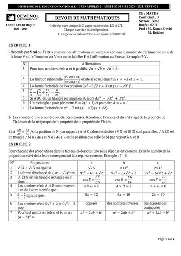 Devoir Maths 3eme N°2 Cévénol 2nd Trimestre by Tehua