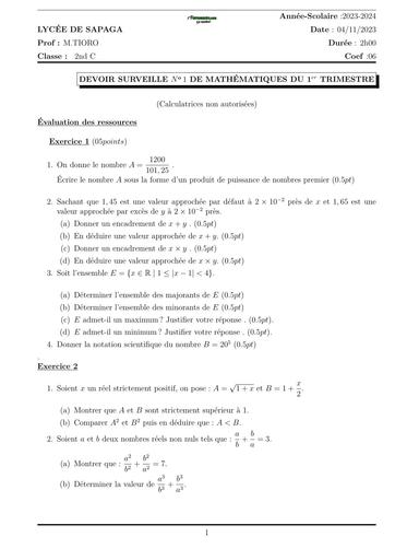 DEVOIR DE MATHS  NIVEAU 2nde C LYCEE DE SAPAGA 2023 N°1 BY TEHUA