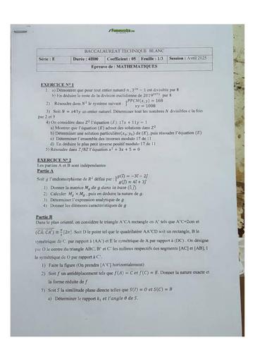 BAC BLANC TECHNIQUE(SERIE E) 2025 MATHS SUJET+BAREME BY TEHUA