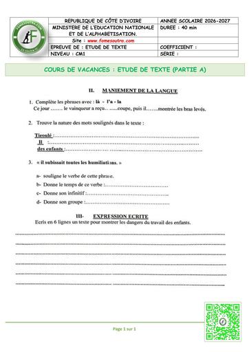 FICHE 1 Français CM1 ETUDE DE TEXTE PARTIE B by TEHUA