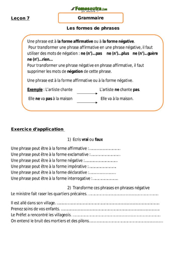 Les formes de phrases - Cours CM1